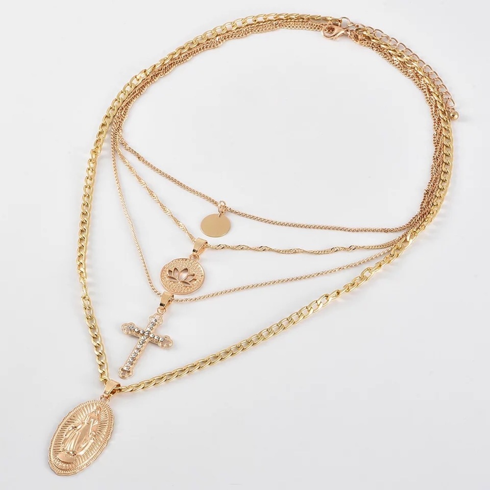 Cross, virgin Mary layered crystal Necklace - Picture 2 of 5